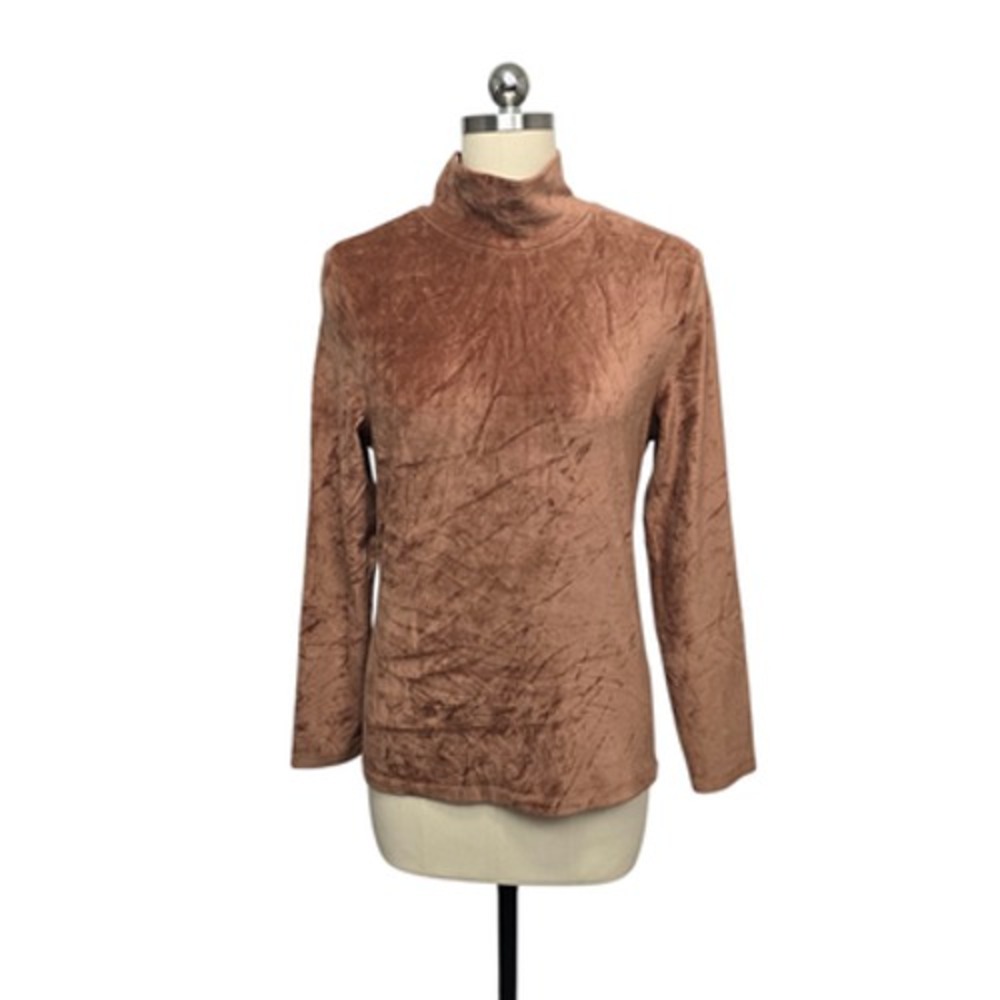 Everlane Shirt Womens Large Brown Crushed Velour Mock Neck Long Sleeve Stretch